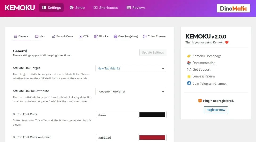 Kemoku - Settings page