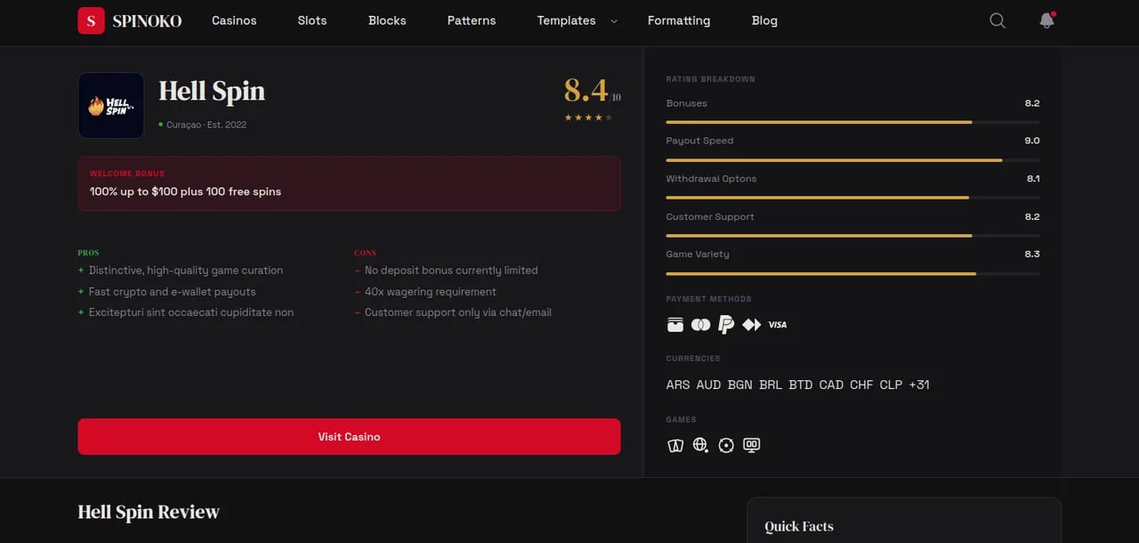 Spinoko Casino Review Pages