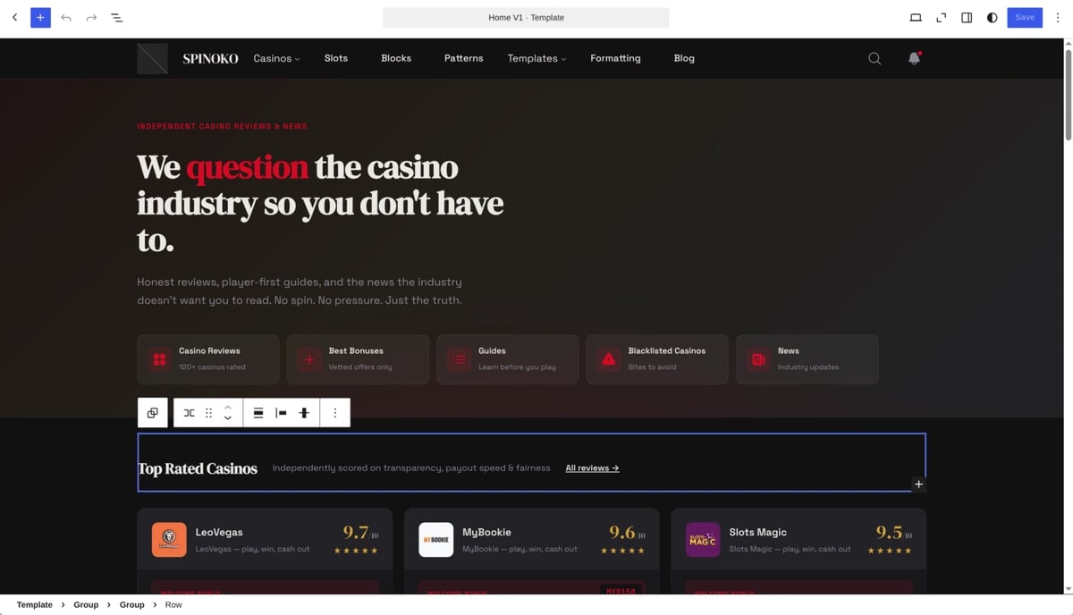 Spinoko - Casino affilaite theme built on WP Site Editor