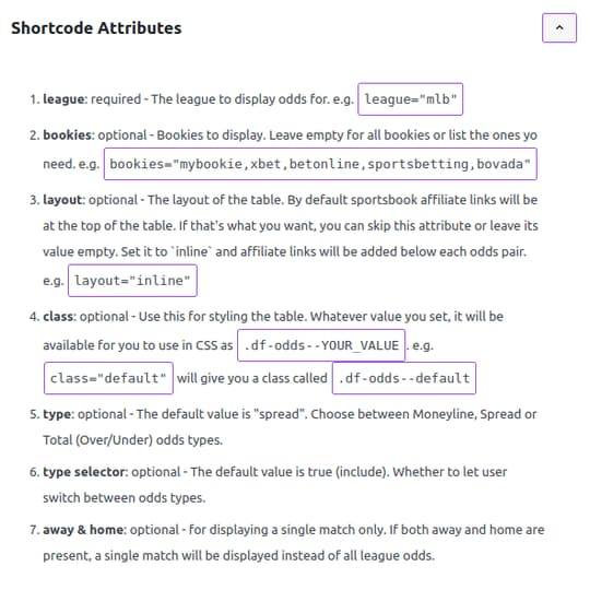 DinOdds Shortcode Attributes