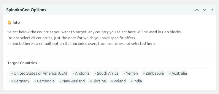 SpinokoGeo Settings - Countries