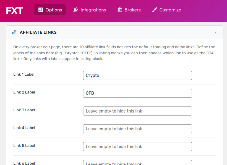 screenshot: Affiliate Links settings page showing label fields