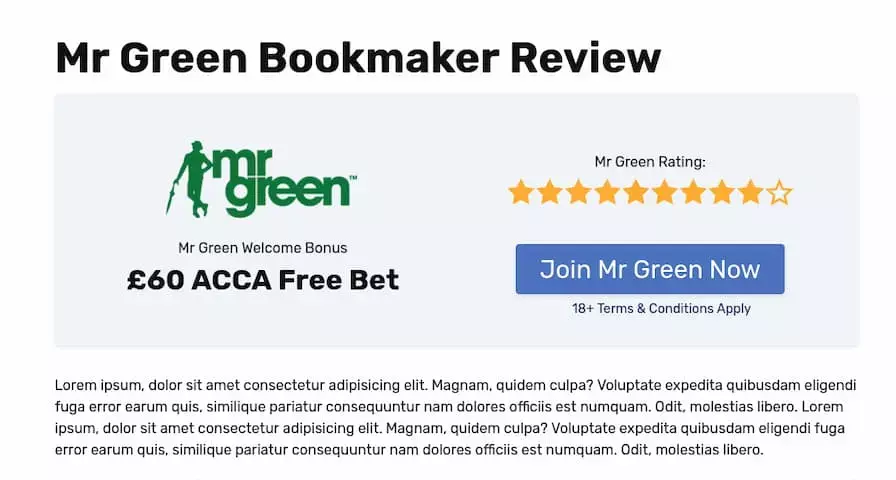 Screenshot of a review page cerated by Kemoku WordPress betting plugin