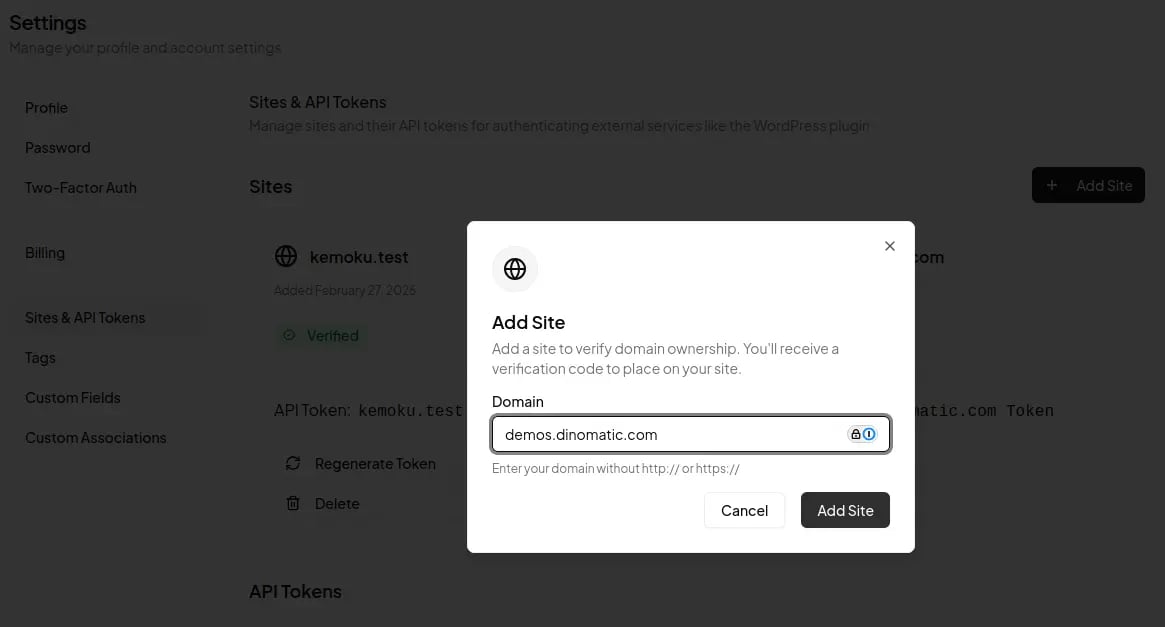 tablrr sites and api tokens page