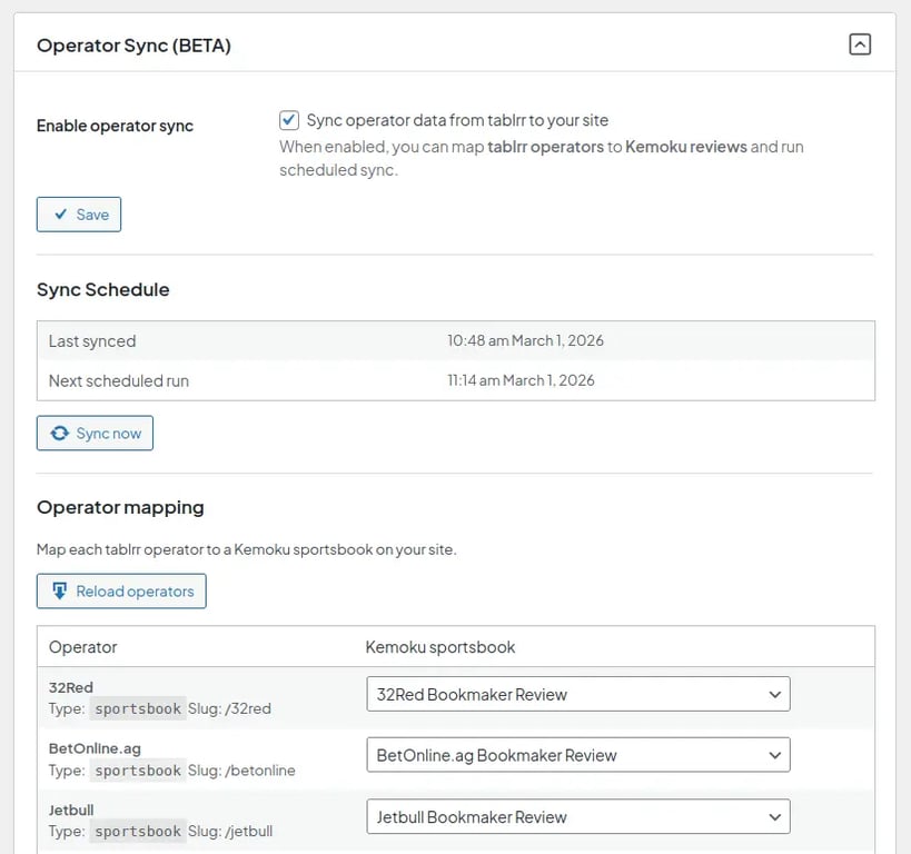 tablrr settings page - operator mapping