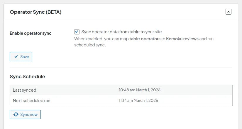 tablrr settings page - operator sync