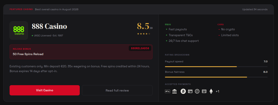 screenshot: Spinoko v3 featured casino block