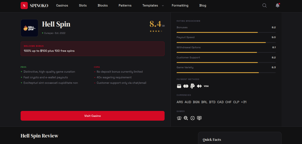 modern casino review page screenshot